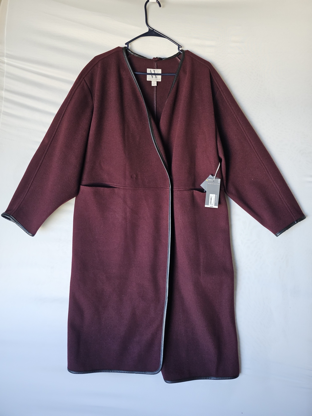 NWT Worthington Faux Leather Trim Wrap Coat in Burgundy - Size Small (MSRP $220)